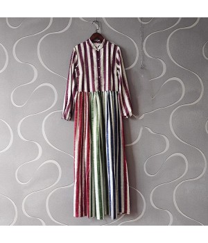 Fashionable Long 2025 Spring women's Retro Striped Print Long-sleeved Single-breasted Button-up Dress