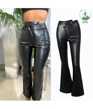 Women's Flare Pants & Trouser Pu Leather Ladies High Waist Irregular Tight Straight Long Pants Fall Winter 2023 Women Clothes