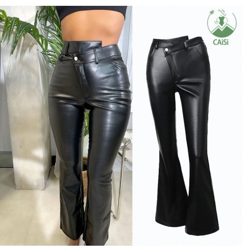 Women's Flare Pants & Trouser Pu Leather Ladies High Waist Irregular Tight Straight Long Pants Fall Winter 2023 Women Clothes