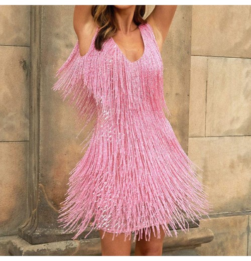 Autumn new tassel sequins sleeveless glittering and attractive evening dress for women