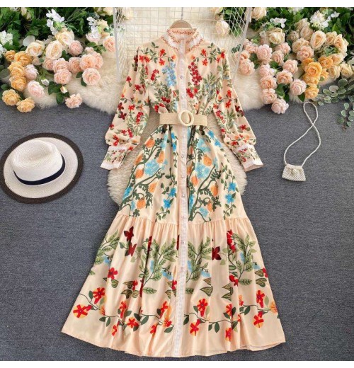 New European Vintage Chic Floral Print Sashes Slim waist Long Sleeve Dress Women Long Dresses Clothing