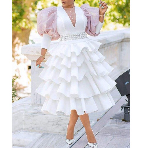 plus size women's clothing High waist temperament white puff sleeve cake dress Ladies banquet puffy dress