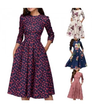 Fashion Women A-line Dress Party Retro Floral Seven Quarter Sleeves Round Neck Dress