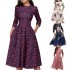 Fashion Women A-line Dress Party Retro Floral Seven Quarter Sleeves Round Neck Dress