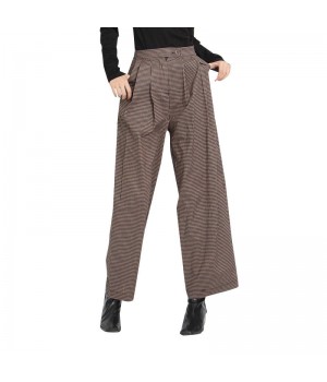 TWOTWINSTYLE New Style Patchwork Folds Straight High Waist Plaid Women'S Pants Trousers