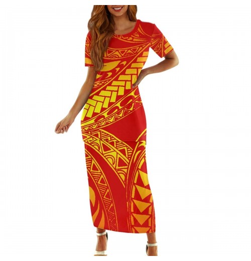 OEM Orange Polynesian Texture Printing Samoan Puletasi Plus Size Women's Clothing Island Dress 2pcs Crewneck Women's Dresses